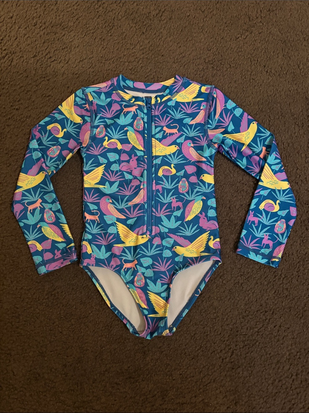 Tea Collection Girls' Long-Sleeve Tropical Bird Rashguard - Blue/Pink/Yellow